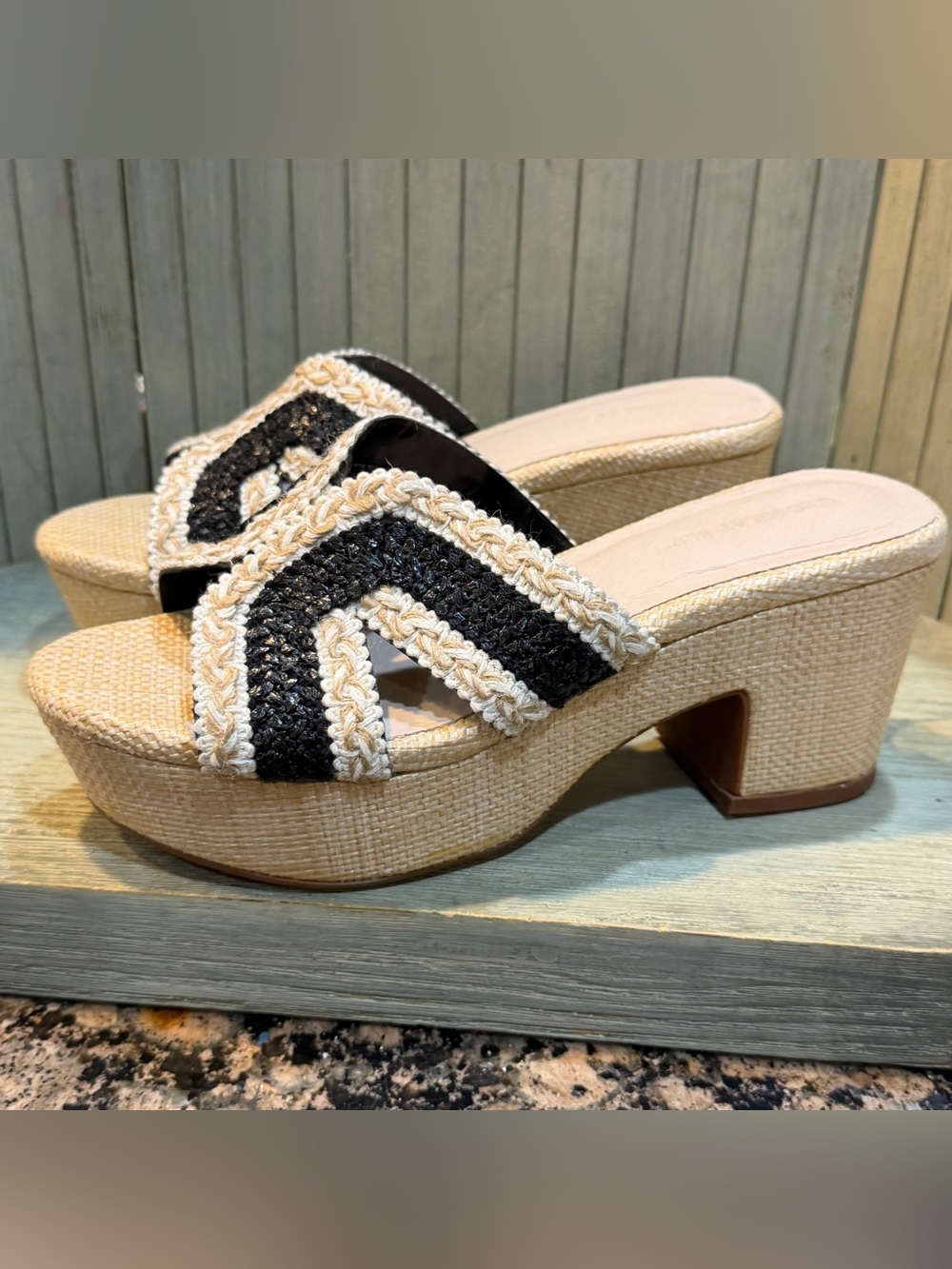 Chocolat Blu Beige and Black Woven Platform Mule Sandals - 6.5